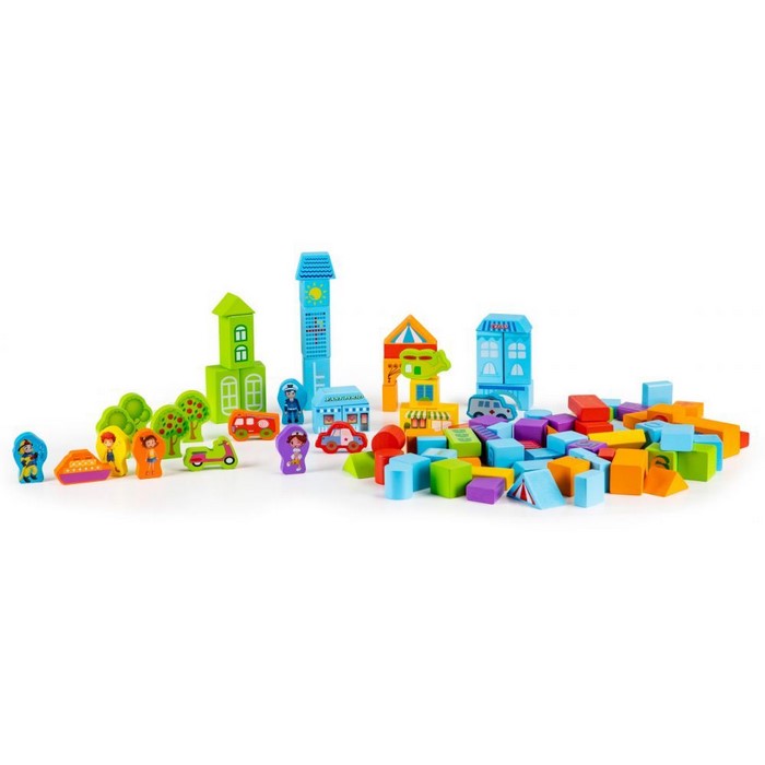 Set educational cu blocuri din lemn 100 piese orasel Ecotoys SR19001