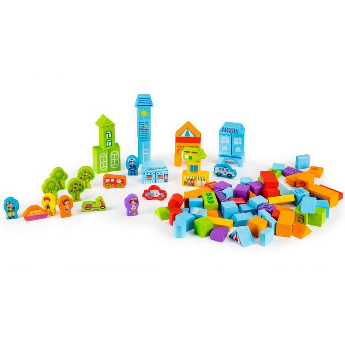 Set educational cu blocuri din lemn 100 piese orasel Ecotoys SR19001