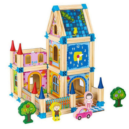 Set de constructii casa 6 in 1 din blocuri din lemn Ecotoys MA429