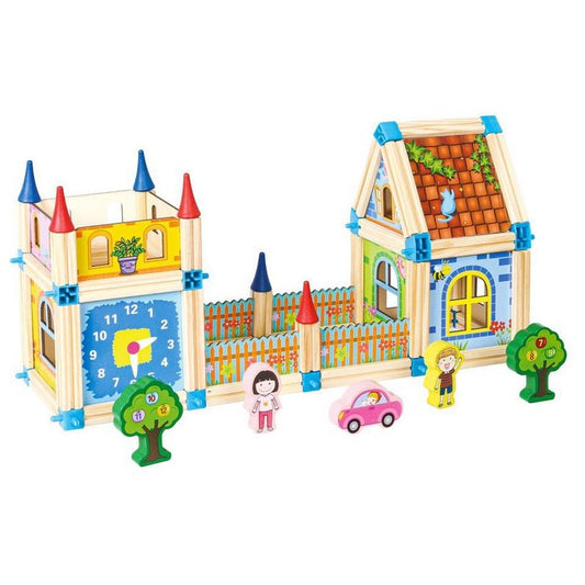 Set de constructii casa 6 in 1 din blocuri din lemn Ecotoys MA429