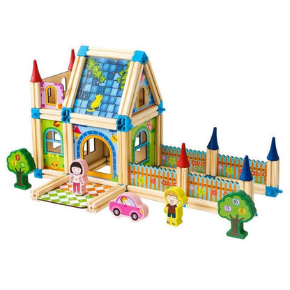 Set de constructii casa 6 in 1 din blocuri din lemn Ecotoys MA429