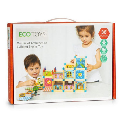 Set de constructii casa 6 in 1 din blocuri din lemn Ecotoys MA429