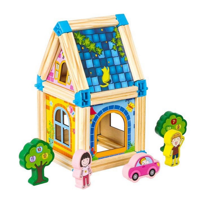 Set de constructii casa 6 in 1 din blocuri din lemn Ecotoys MA429