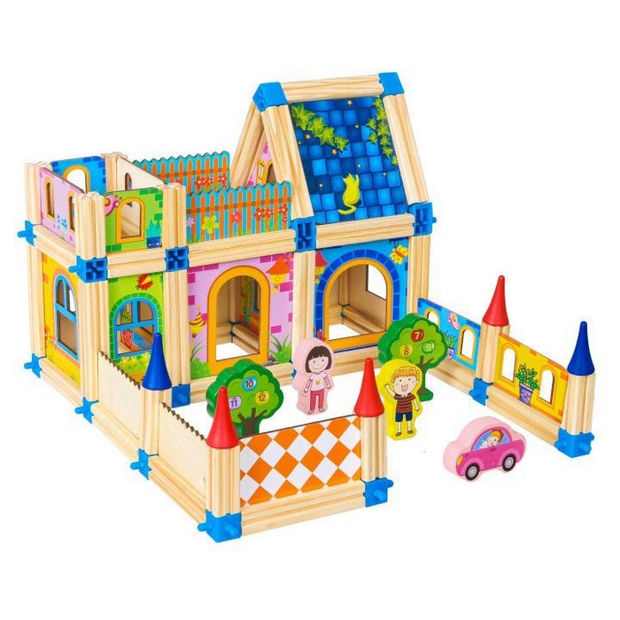 Set de constructii casa 6 in 1 din blocuri din lemn Ecotoys MA429