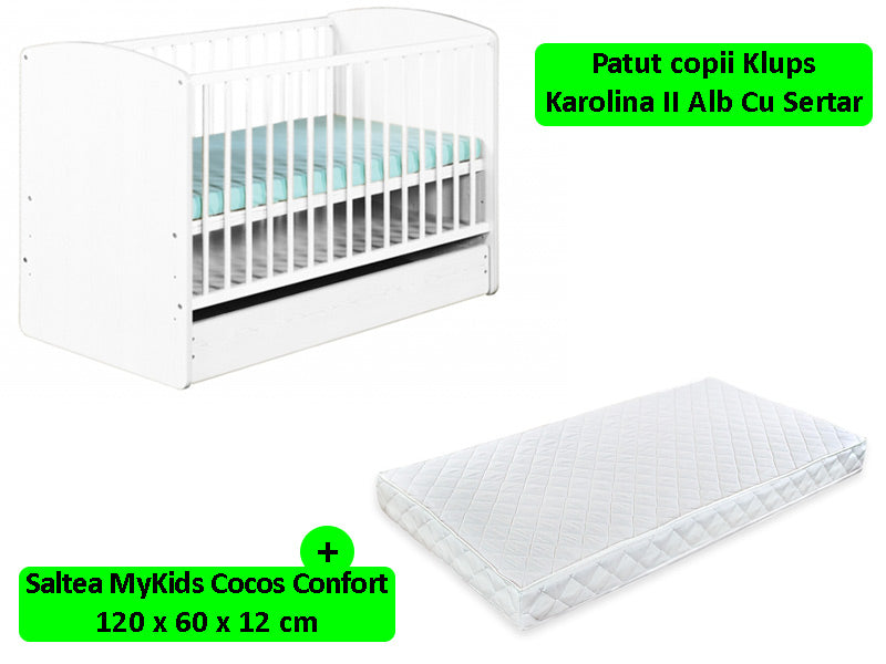 Patut cu sertar KLUPS Karolina II Alb + Saltea 12 MyKids Confort II 