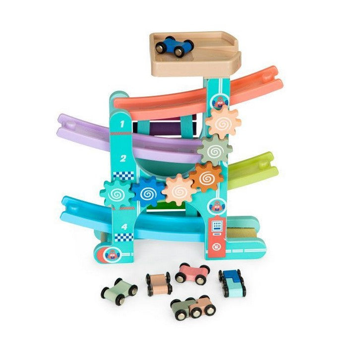 Rampa din lemn cu 6 masinute si tambal Ecotoys ME115