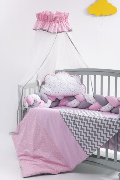 Lenjerie MyKids 8 piese Gray-Pink cu baldachin 120x60 cm