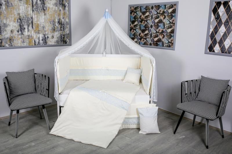 Lenjerie MyKids 11 piese Cream albastru cu baldachin 120x60 cm