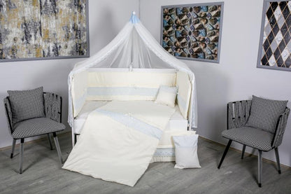 Lenjerie MyKids 11 piese Cream albastru cu baldachin 120x60 cm