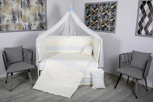 Lenjerie MyKids 11 piese Cream albastru cu baldachin 120x60 cm