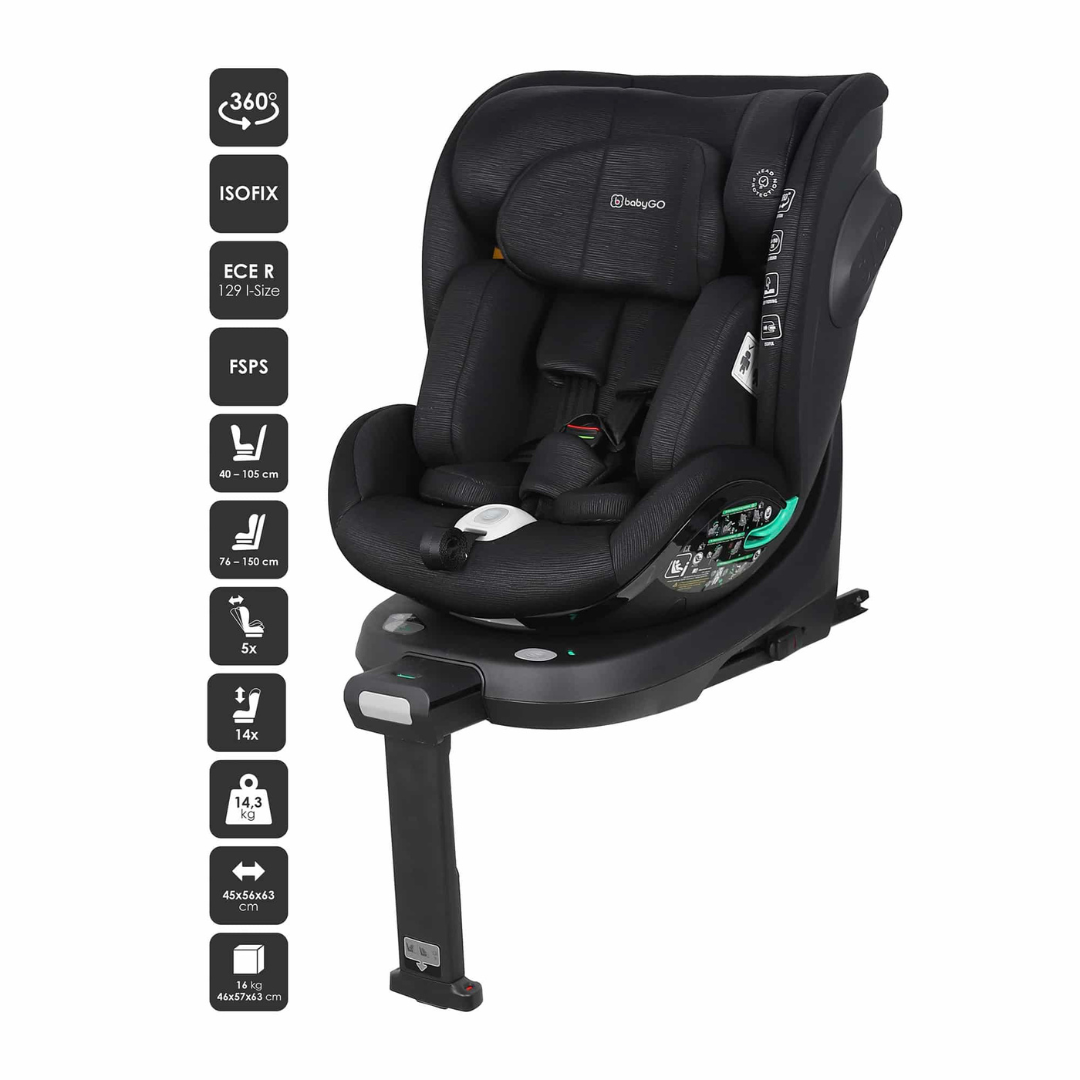 BabyGo - Scaun auto rotativ Prime 360, Black, 40-150 cm, certificat R129