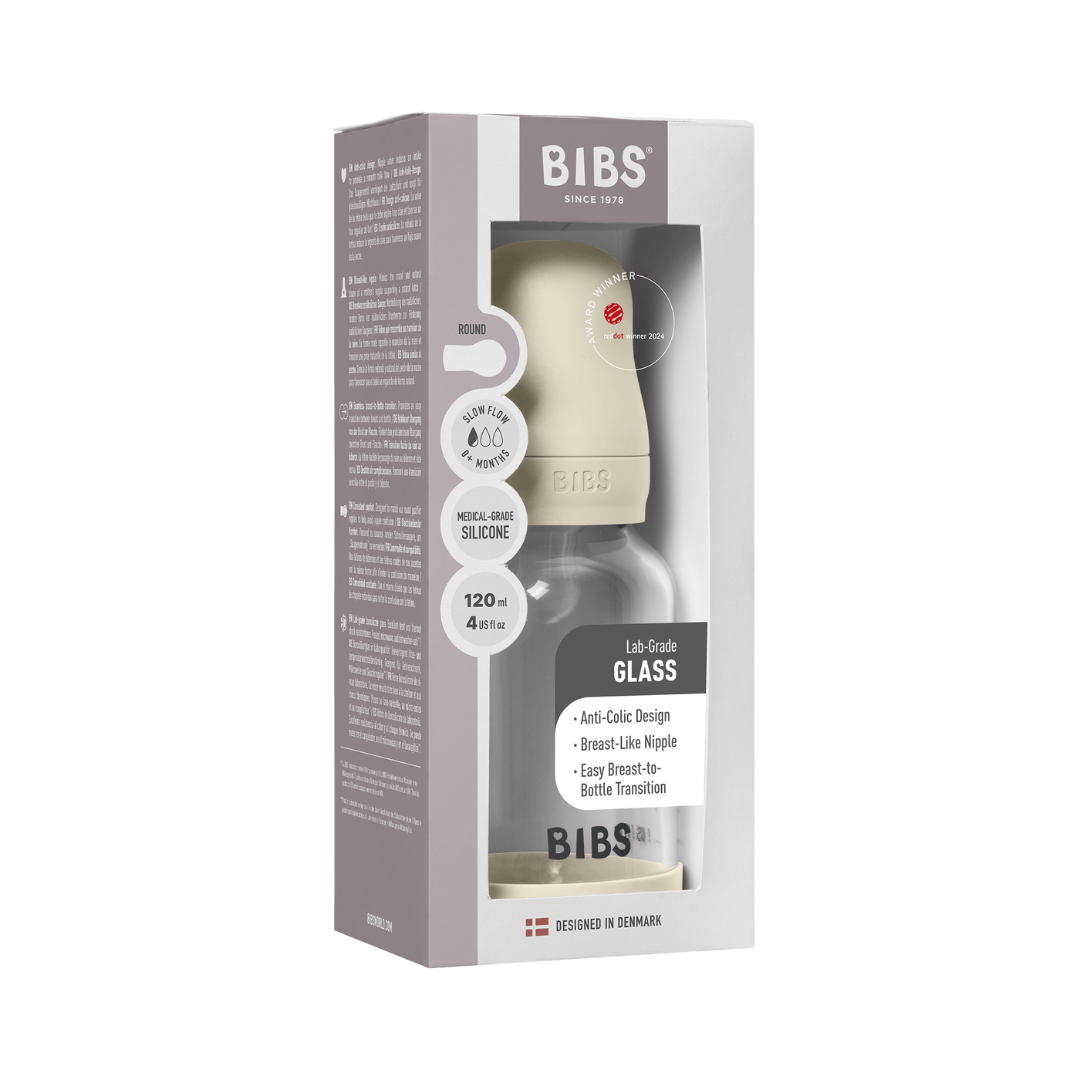 BIBS - Set complet biberon din sticla anticolici cu tetina din silicon flux lent, 120 ml, Ivory