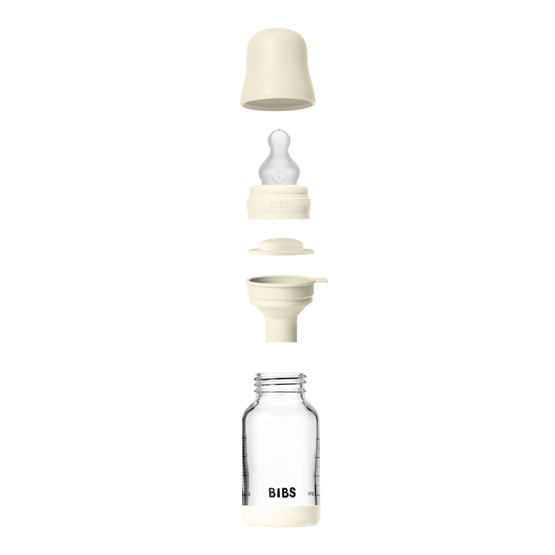 BIBS - Set complet biberon din sticla anticolici cu tetina din silicon flux lent, 120 ml, Ivory