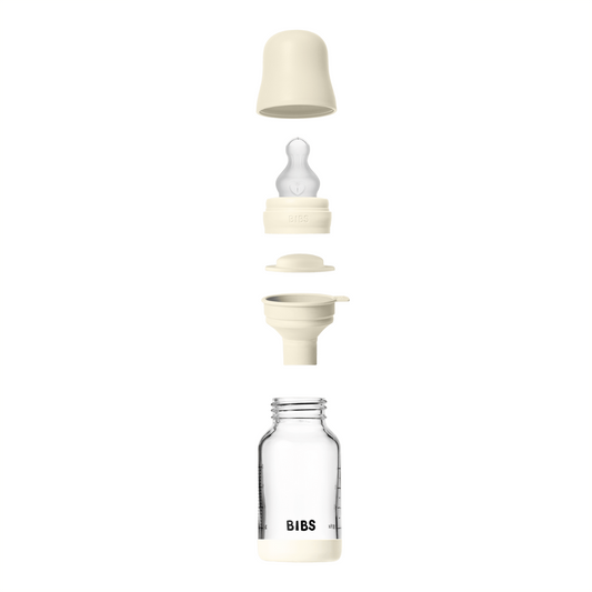BIBS - Set complet biberon din sticla anticolici cu tetina din silicon flux lent, 120 ml, Ivory
