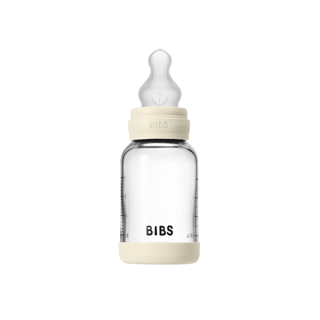 BIBS - Set complet biberon din sticla anticolici cu tetina din silicon flux lent, 120 ml, Ivory