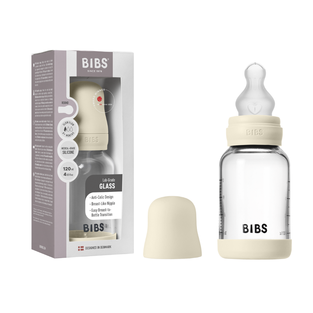 BIBS - Set complet biberon din sticla anticolici cu tetina din silicon flux lent, 120 ml, Ivory