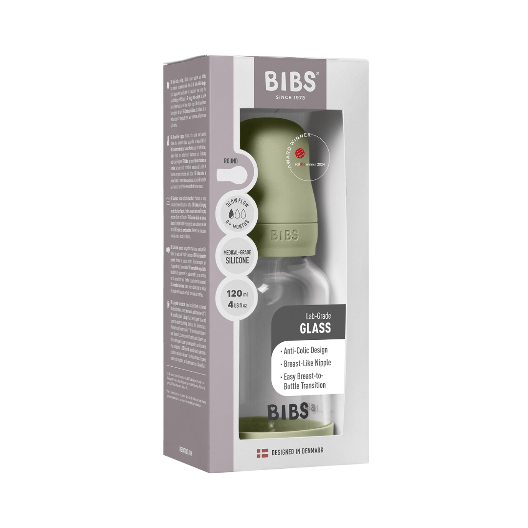 BIBS - Set complet biberon din sticla anticolici cu tetina din silicon flux lent, 120 ml, Sage