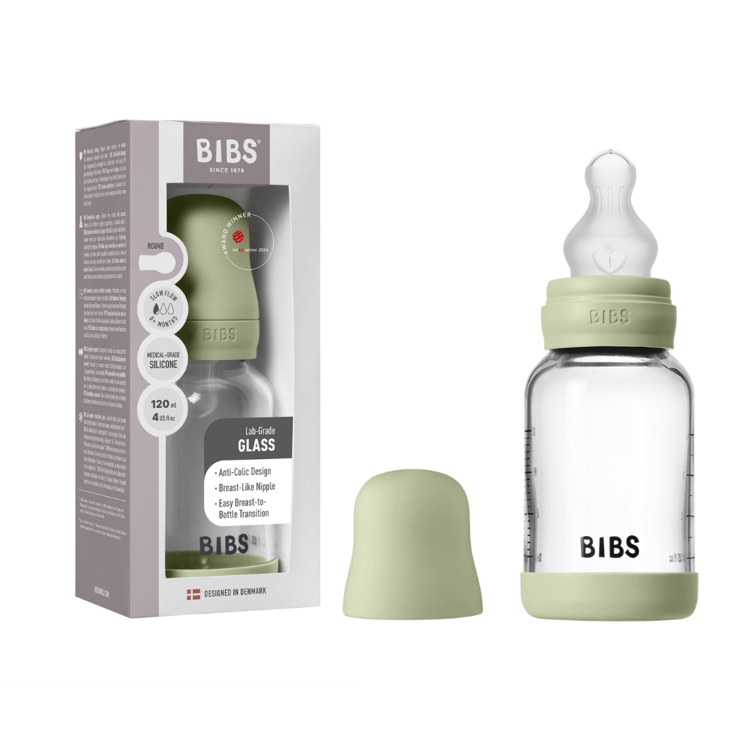 BIBS - Set complet biberon din sticla anticolici cu tetina din silicon flux lent, 120 ml, Sage