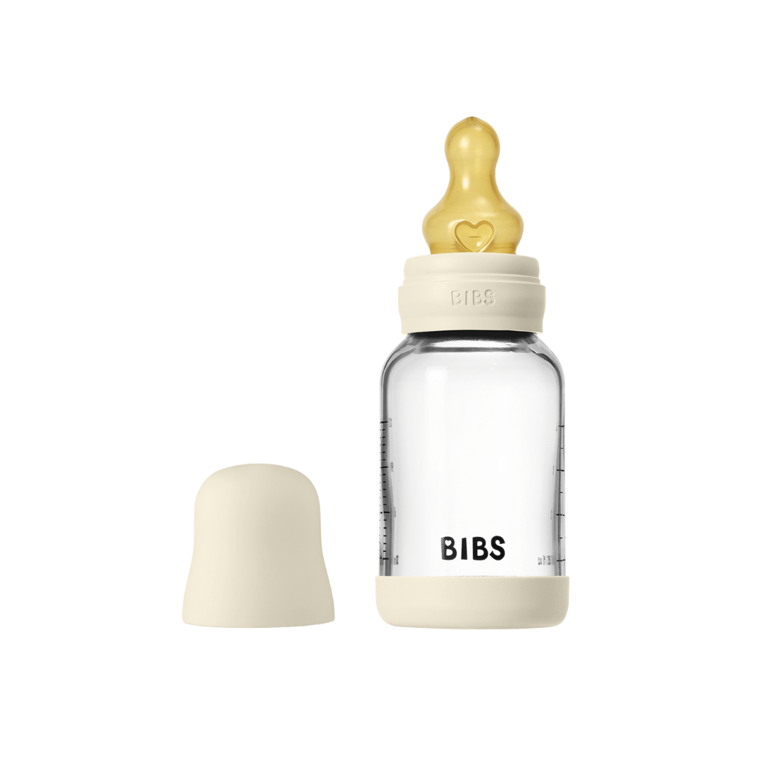 BIBS - Set complet biberon din sticla anticolici cu tetina din latex, flux lent, 120 ml, Ivory