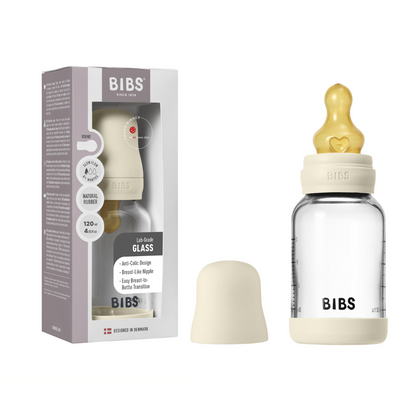 BIBS - Set complet biberon din sticla anticolici cu tetina din latex, flux lent, 120 ml, Ivory