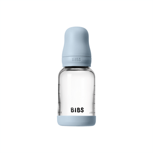 BIBS - Set complet biberon din sticla anticolici cu tetina din latex, flux lent, 120 ml, Baby Blue