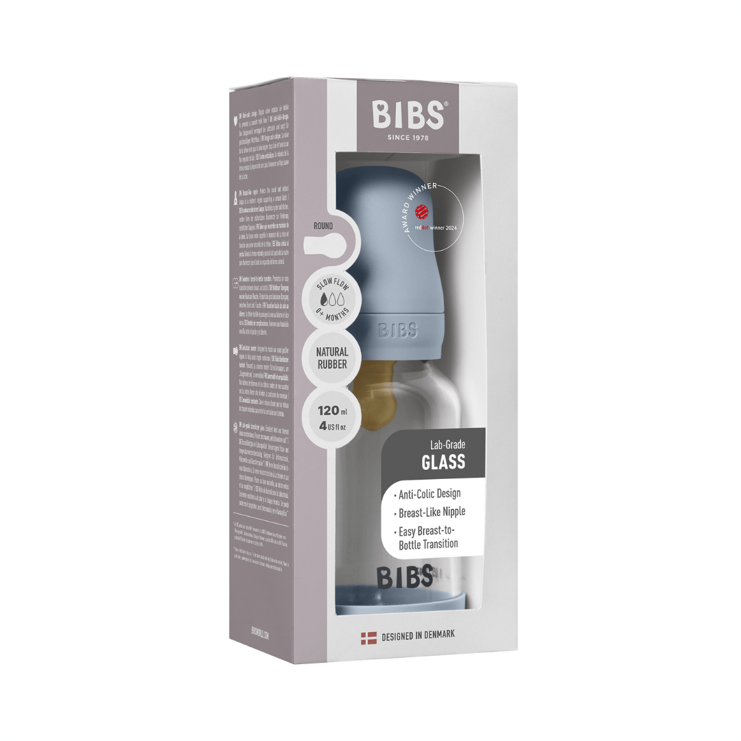 BIBS - Set complet biberon din sticla anticolici cu tetina din latex, flux lent, 120 ml, Baby Blue