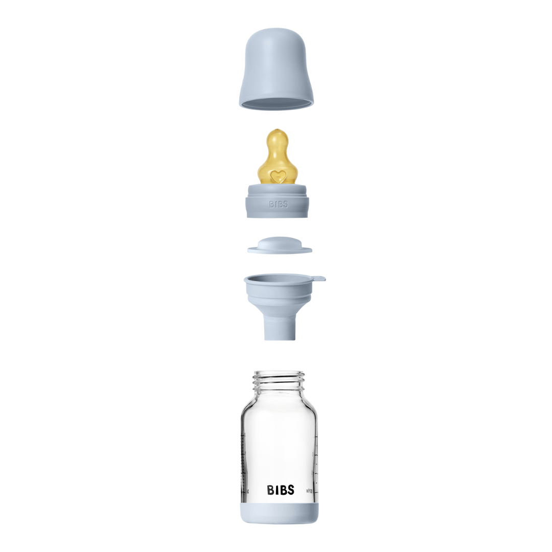 BIBS - Set complet biberon din sticla anticolici cu tetina din latex, flux lent, 120 ml, Baby Blue