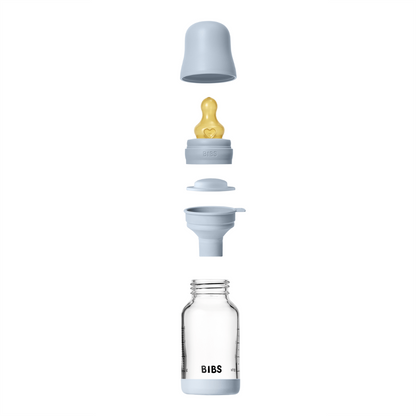 BIBS - Set complet biberon din sticla anticolici cu tetina din latex, flux lent, 120 ml, Baby Blue