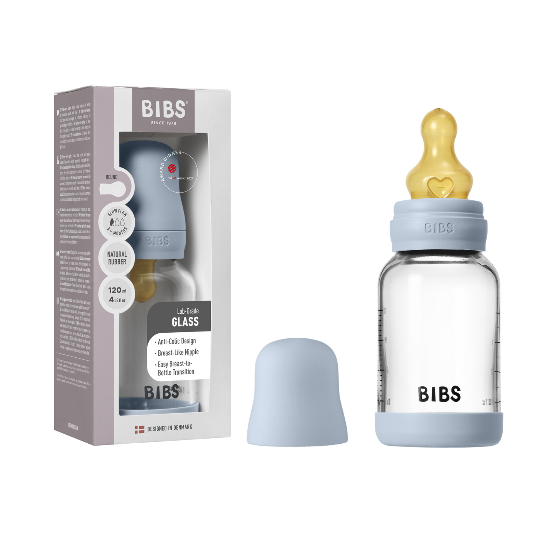 BIBS - Set complet biberon din sticla anticolici cu tetina din latex, flux lent, 120 ml, Baby Blue