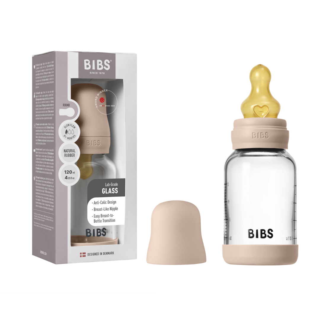 BIBS - Set complet biberon din sticla anticolici cu tetina din latex, flux lent, 120 ml, Blush