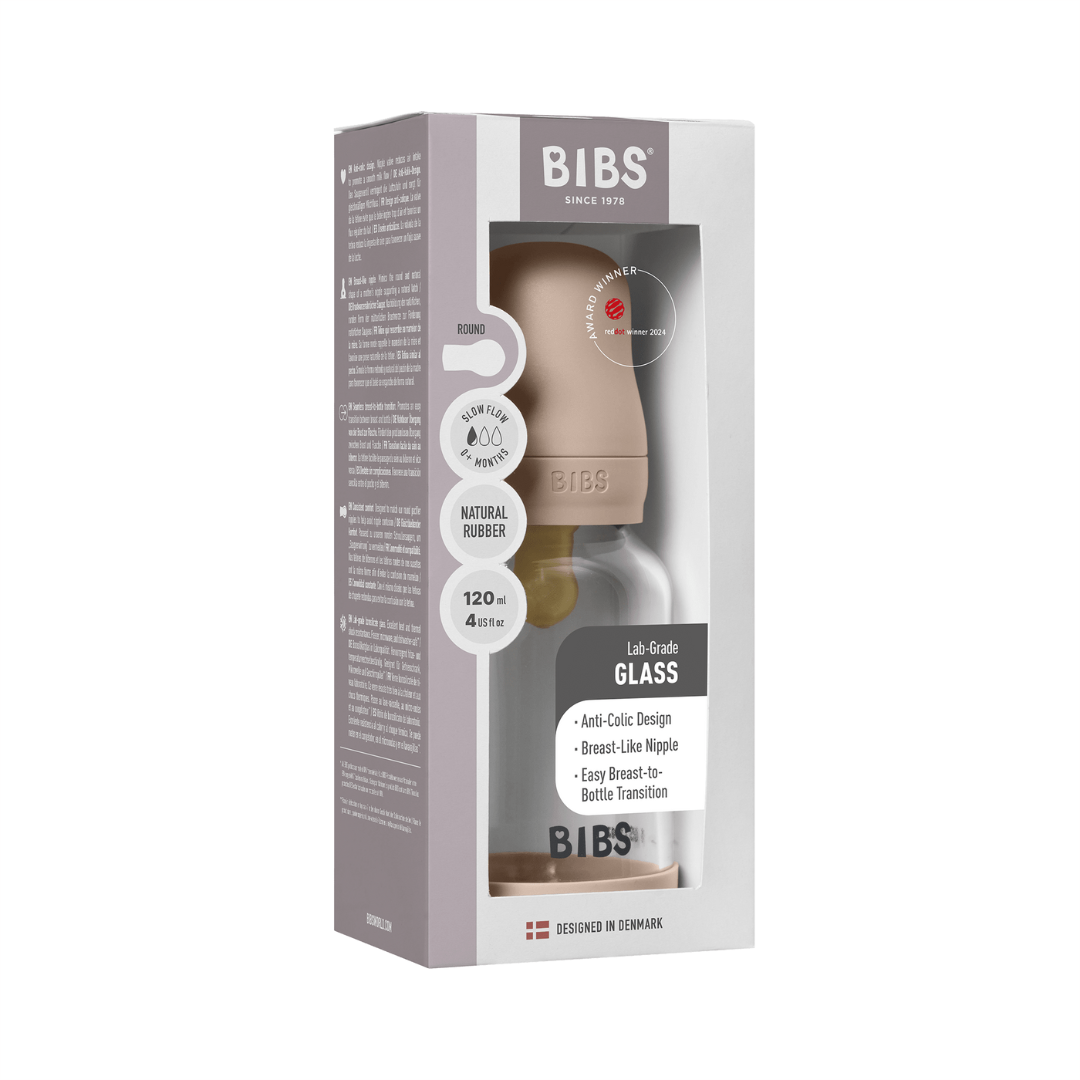 BIBS - Set complet biberon din sticla anticolici cu tetina din latex, flux lent, 120 ml, Blush