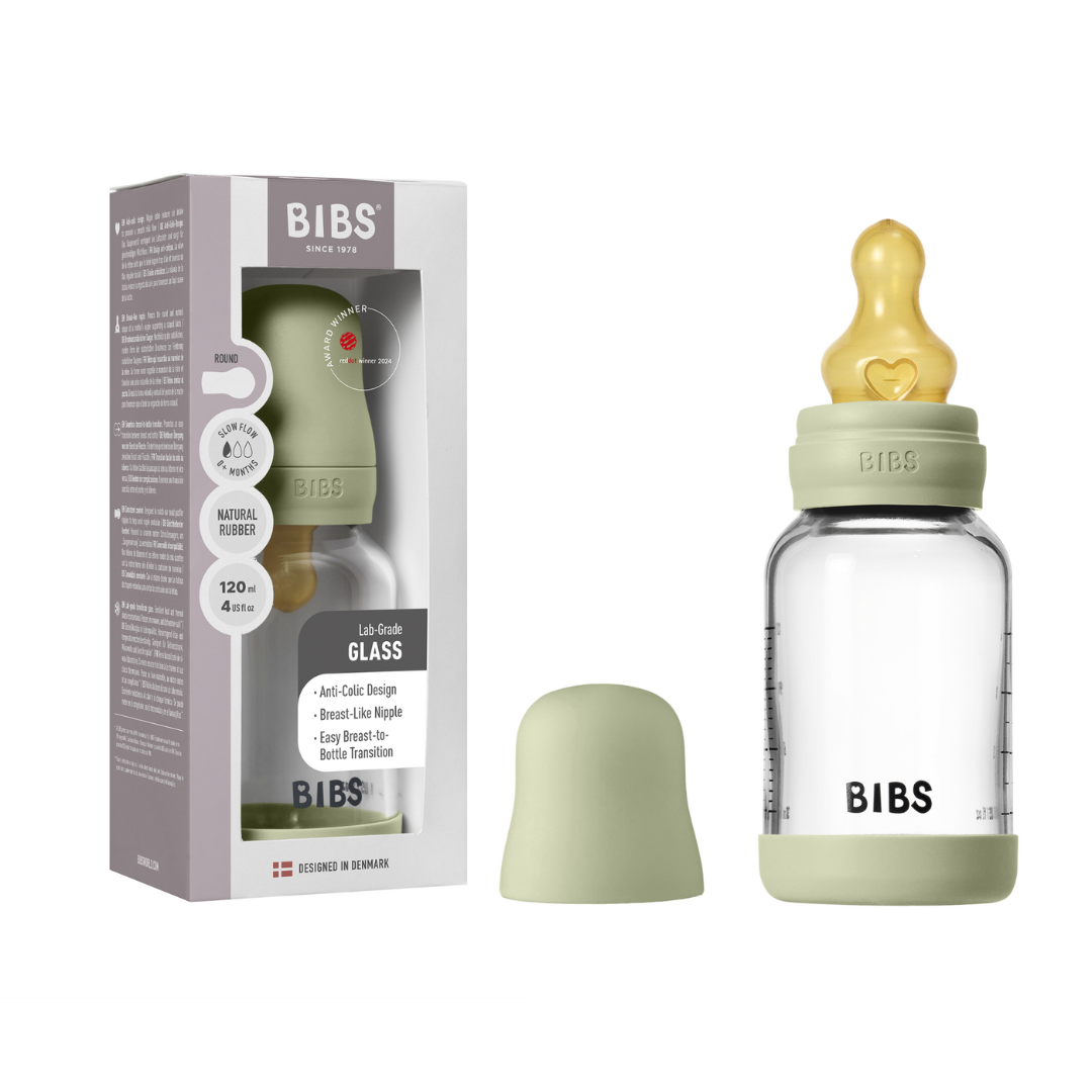 BIBS - Set complet biberon din sticla anticolici cu tetina din latex, flux lent, 120 ml, Sage