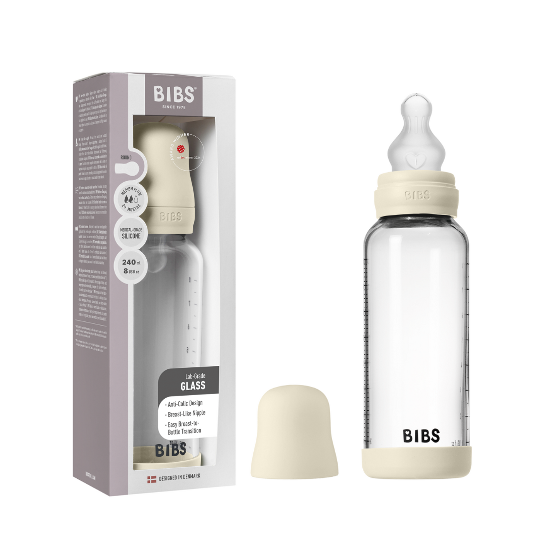 BIBS - Set complet biberon din sticla anticolici cu tetina din silicon, flux mediu, 240 ml, Ivory