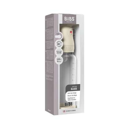 BIBS - Set complet biberon din sticla anticolici cu tetina din silicon, flux mediu, 240 ml, Ivory