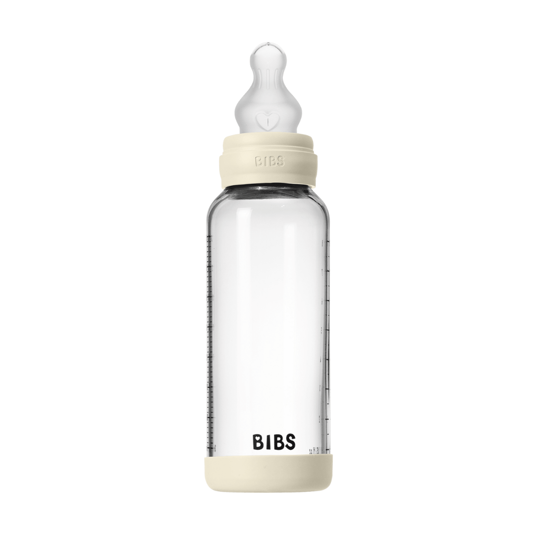 BIBS - Set complet biberon din sticla anticolici cu tetina din silicon, flux mediu, 240 ml, Ivory