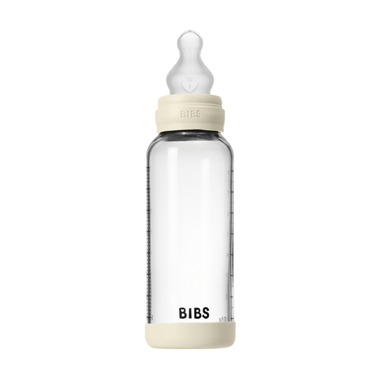 BIBS - Set complet biberon din sticla anticolici cu tetina din silicon, flux mediu, 240 ml, Ivory
