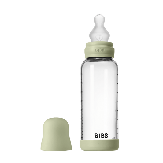 BIBS - Set complet biberon din sticla anticolici cu tetina din silicon, flux mediu, 240 ml, Sage