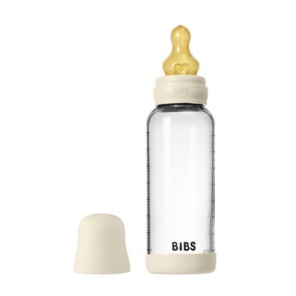 BIBS - Set complet biberon din sticla anticolici cu tetina din latex, flux mediu, 240 ml, Ivory