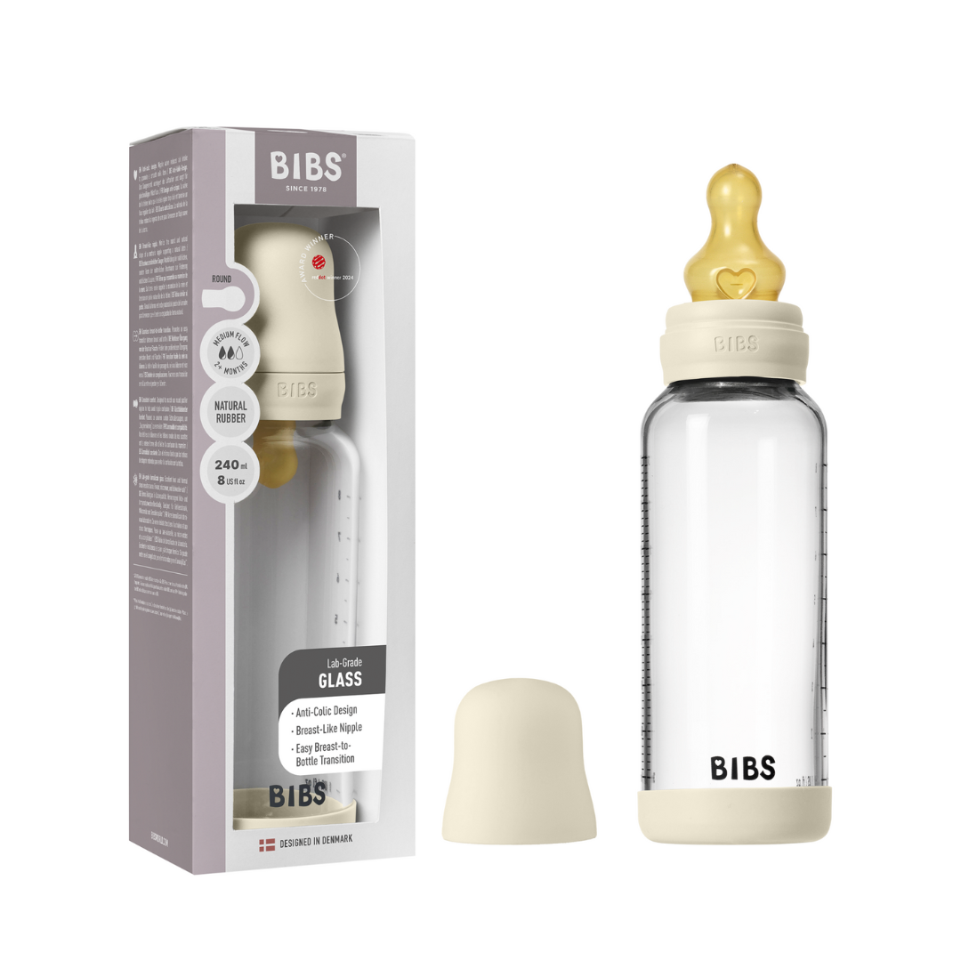 BIBS - Set complet biberon din sticla anticolici cu tetina din latex, flux mediu, 240 ml, Ivory