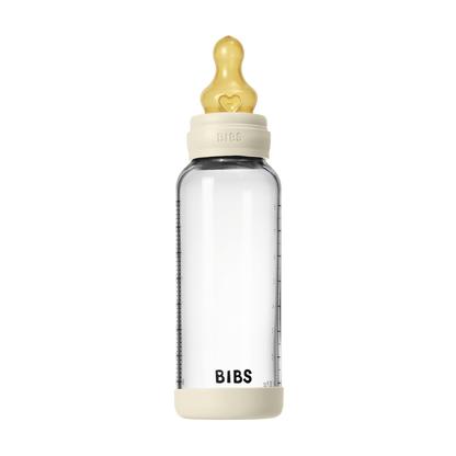 BIBS - Set complet biberon din sticla anticolici cu tetina din latex, flux mediu, 240 ml, Ivory