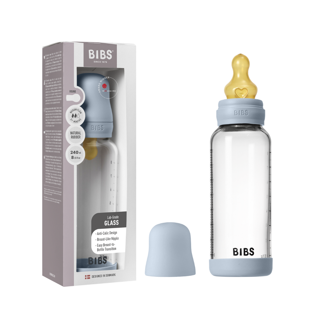 BIBS - Set complet biberon din sticla anticolici cu tetina din latex, flux mediu, 240 ml, Baby Blue