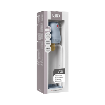 BIBS - Set complet biberon din sticla anticolici cu tetina din latex, flux mediu, 240 ml, Baby Blue