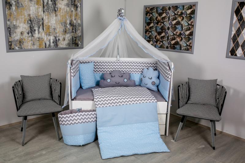 Lenjerie MyKids 10 piese Cloud gri-albastru fara baldachin 120x60 cm