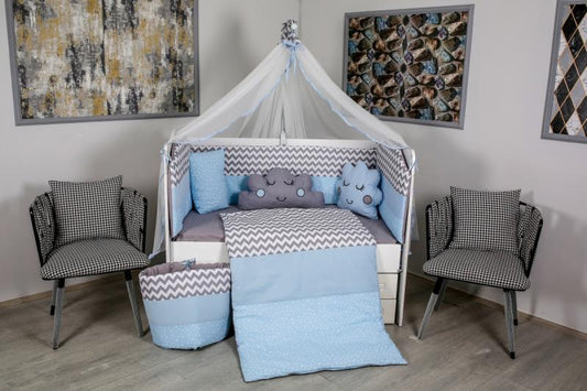 Lenjerie MyKids 10 piese Cloud gri-albastru fara baldachin 120x60 cm