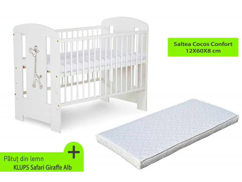 Patut KLUPS Safari Giraffe Alb + Saltea 8 Cocos Confort II