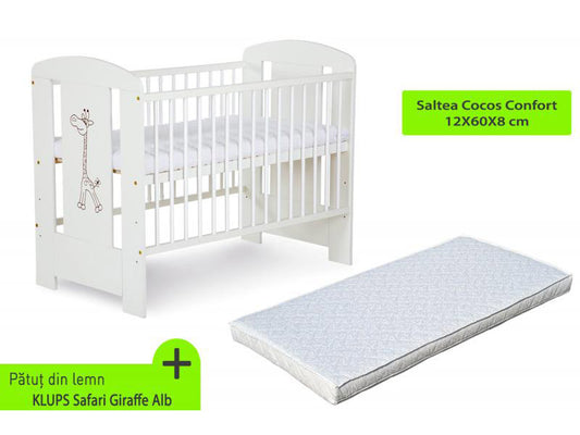 Patut KLUPS Safari Giraffe Alb + Saltea 8 Cocos Confort II