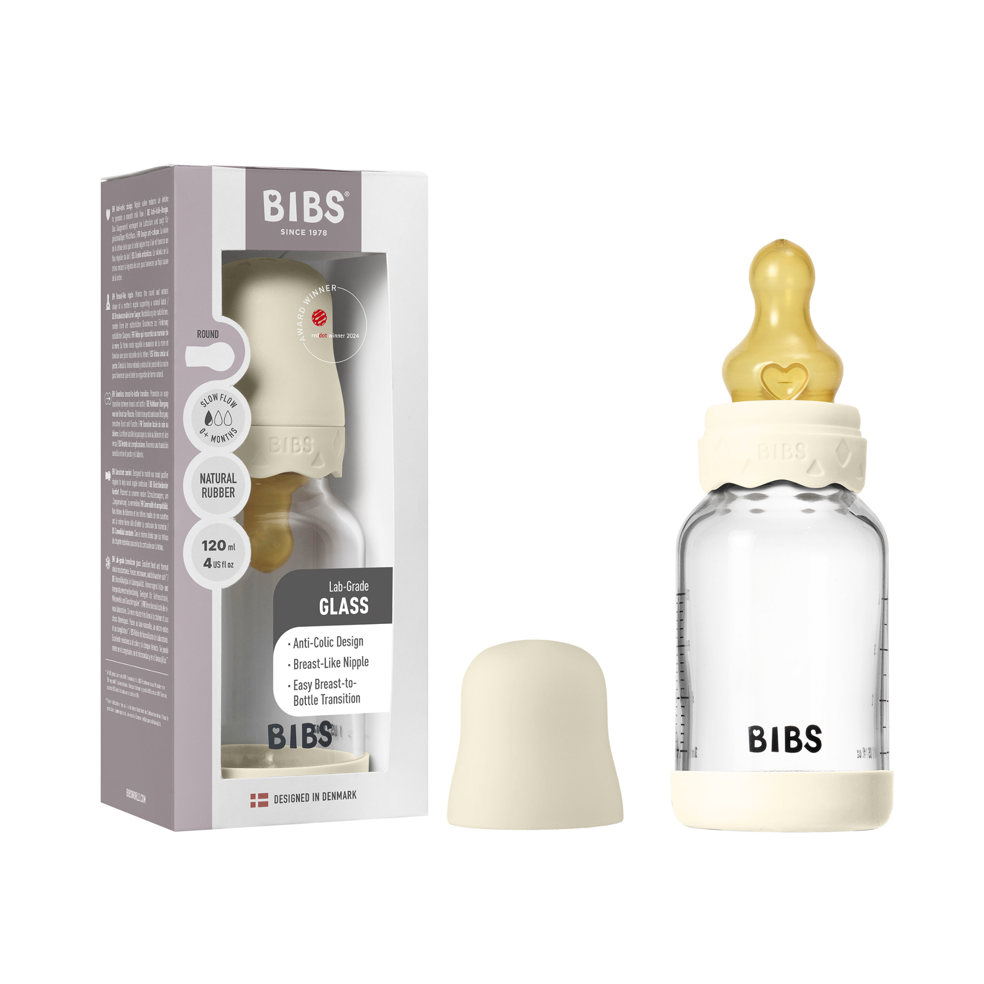 BIBS - Set complet biberon Boheme din sticla anticolici cu tetina din latex, flux lent, 120 ml, Ivory