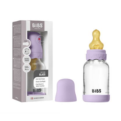 BIBS - Set complet biberon Boheme din sticla anticolici cu tetina din latex, flux lent, 120 ml, Violet Sky