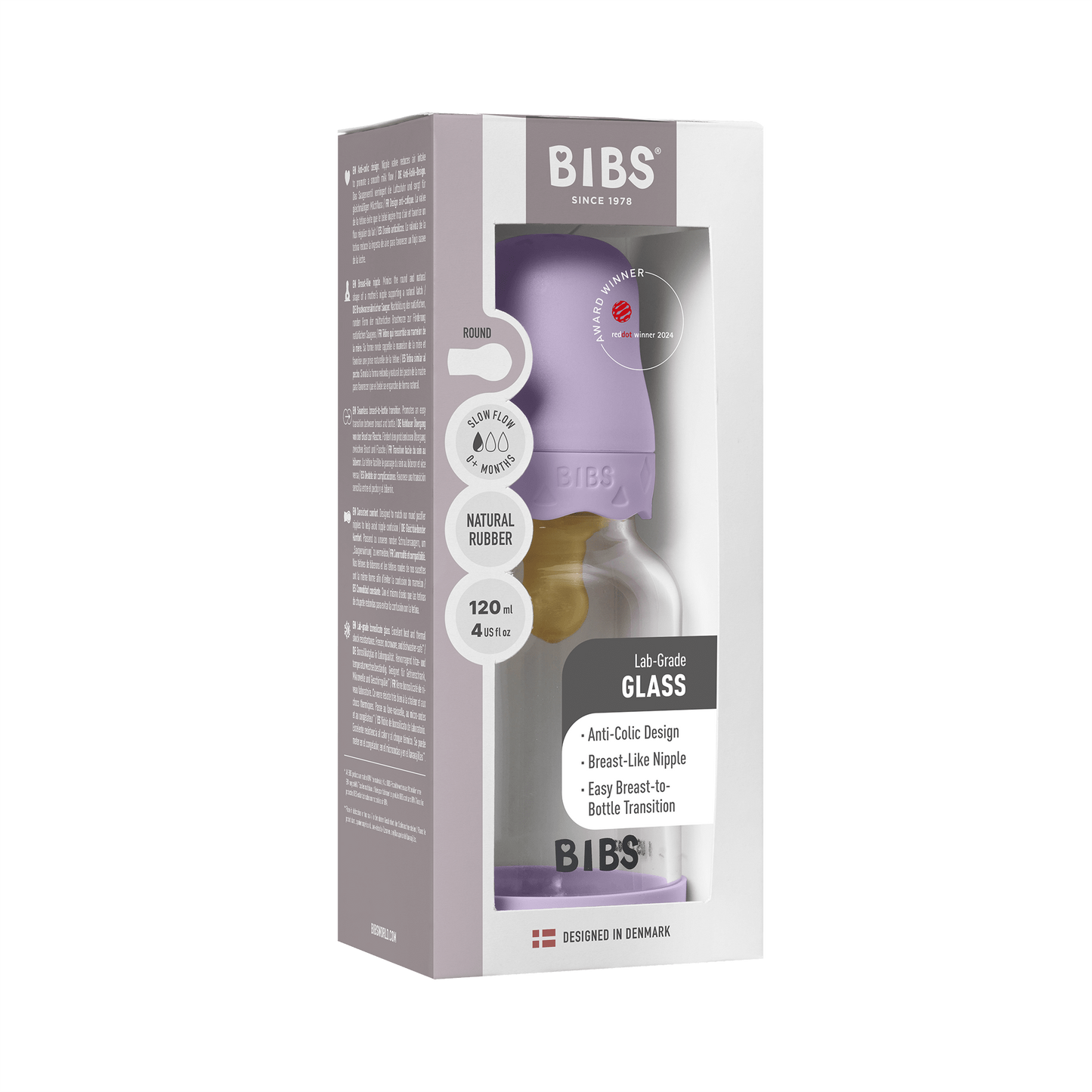 BIBS - Set complet biberon Boheme din sticla anticolici cu tetina din latex, flux lent, 120 ml, Violet Sky