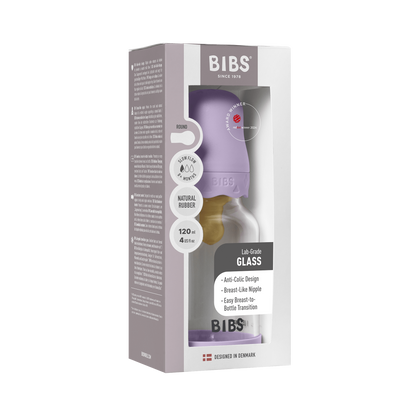 BIBS - Set complet biberon Boheme din sticla anticolici cu tetina din latex, flux lent, 120 ml, Violet Sky